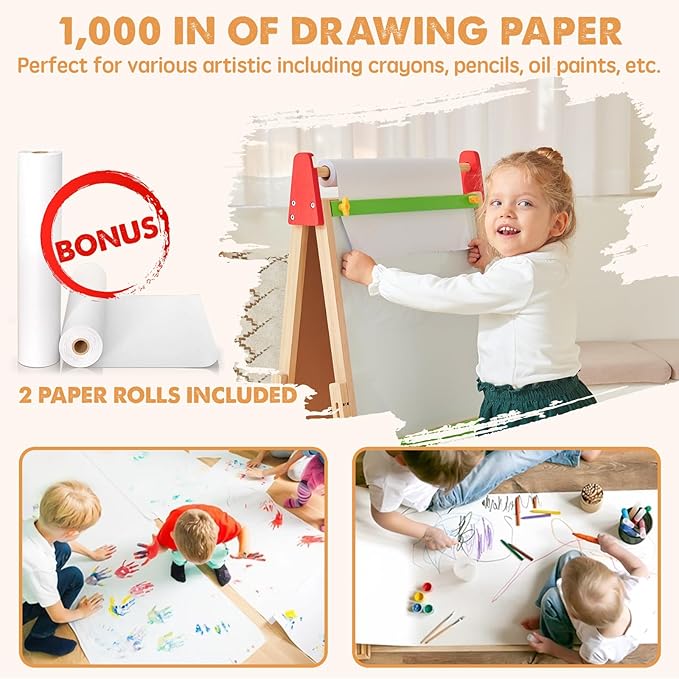 Tiny Land Easel for Kids with 2 Drawing Paper Roll, Learning-Toy for 3,4,5,6,7,8 Years Old Boy & Girls, Wooden Chalkboard & Magnetic Whiteboard & Painting Paper Stand, Gift & Art Supplies for Toddler