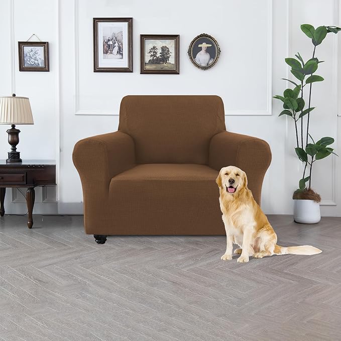 100% Waterproof Jacquard Fabric Couch Cover, Dual Layer with TPU Film, Leakproof High Elasticity Non-Slip Washable Furniture Protector for Pets, Dogs, Cats and Kids (Chair,Light Coffee)
