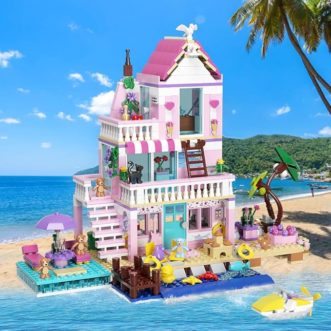 MindBox Girls Seaside Villa Building Blocks,812pcs Beach House Building Toys for Kids Age 8+,Mini Brick