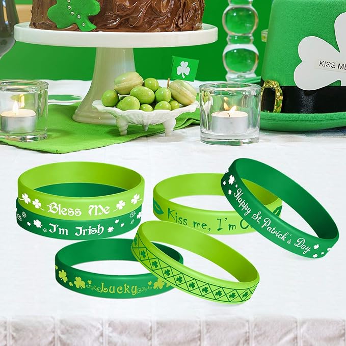 TUPARKA St. Patrick's Day Rubber Wristbands Silicone Shamrock Irish Wristband Bracelet for Party Favors Kids School Gifts Supplies, 36 Pcs 6 Styles