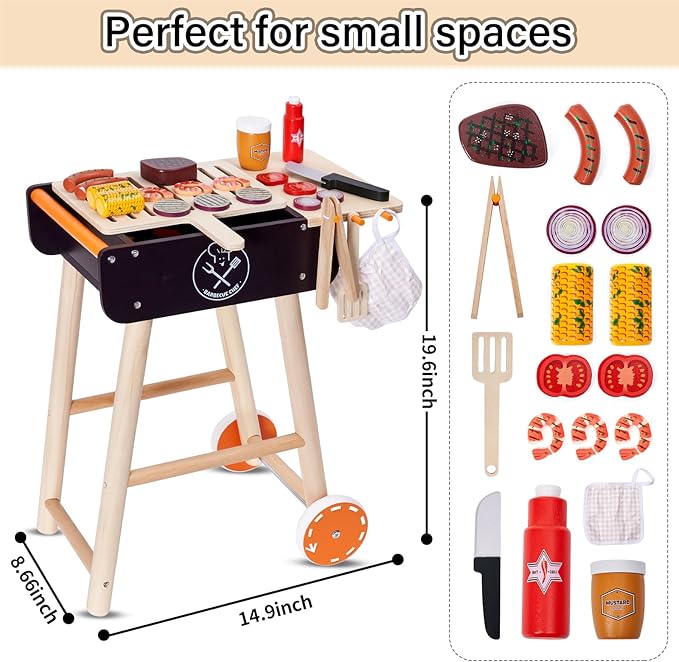 Wooden Play Barbecue Toy Grill, Kids BBQ Grill Playset with Play Food and Grilling Tools, Kids Cooking Sets, Outdoor Play Kitchen Set Kids, Pretend Play Kitchen Accessories Toddlers Age 3+