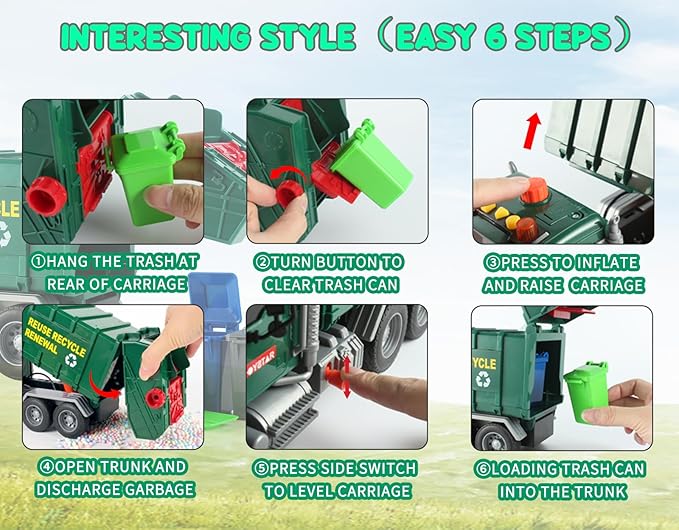 15" Garbage Truck Toy,Dump Friction Powered Waste Management Recycling Trash Truck with Lights &Sounds 3 Trash 3 +