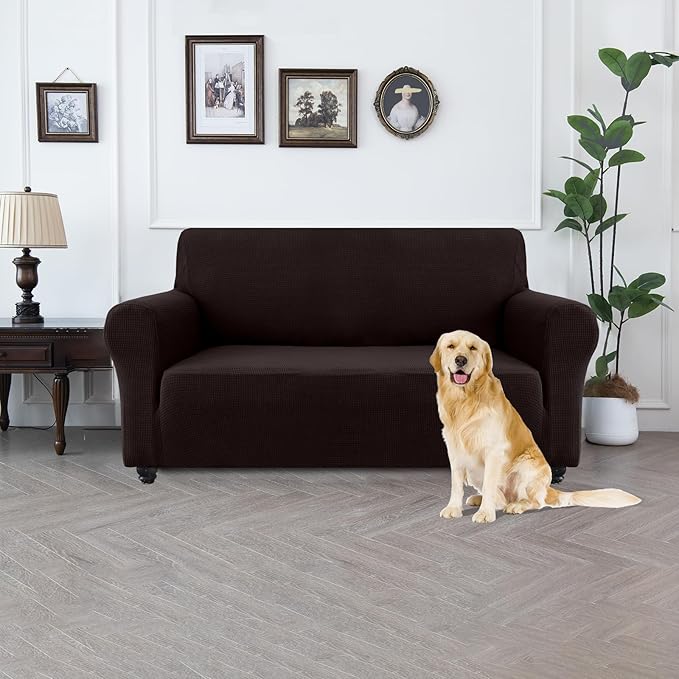 100% Waterproof Jacquard Fabric Couch Cover, Dual Layer with TPU Film, Leakproof High Elasticity Non-Slip Washable Furniture Protector for Pets, Dogs, Cats and Kids (Loveseat,Chocolate)