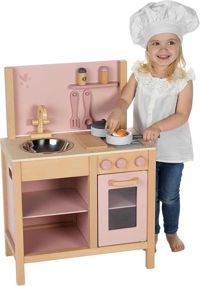 Wooden Kitchen Play Set - Pink - Standing Appliance Toy, Cooking & Food Accessories, Storage-Oven-Sink, Pretend Play Station, Kids Age 3+