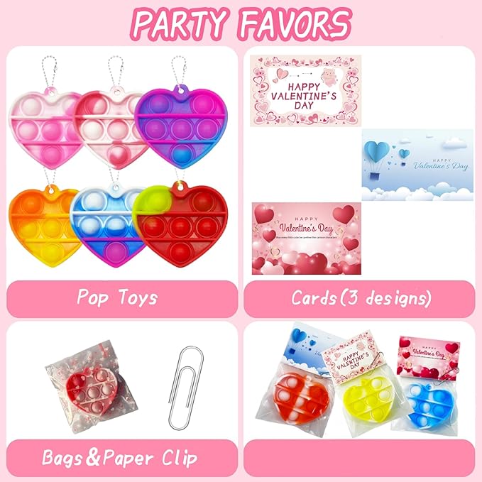 48 Packs Valentines Day Cards for Kids, Heart Pop Valentines Fidget Toys Bulk Stress Relief Fidget Toys for Kids Valentine's Party Favors School Classroom Exchange Gifts,Valentine's Day Gift