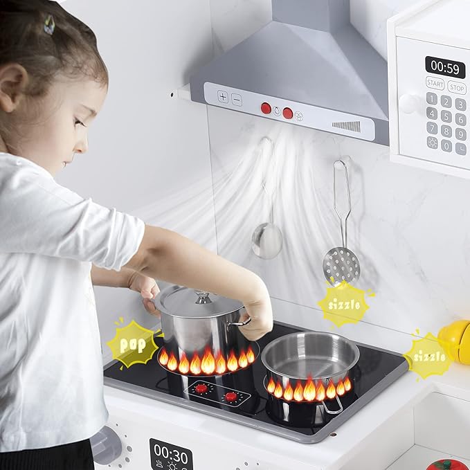 Bophy Kids Kitchen Playset, Wooden Chef Pretend Play Set with 20 PCS Cookware Accessories, Wooden Cookware Pretend with Ice Maker, Microwave, Oven, Range Hood, Sink, Real Lights & Sounds,White