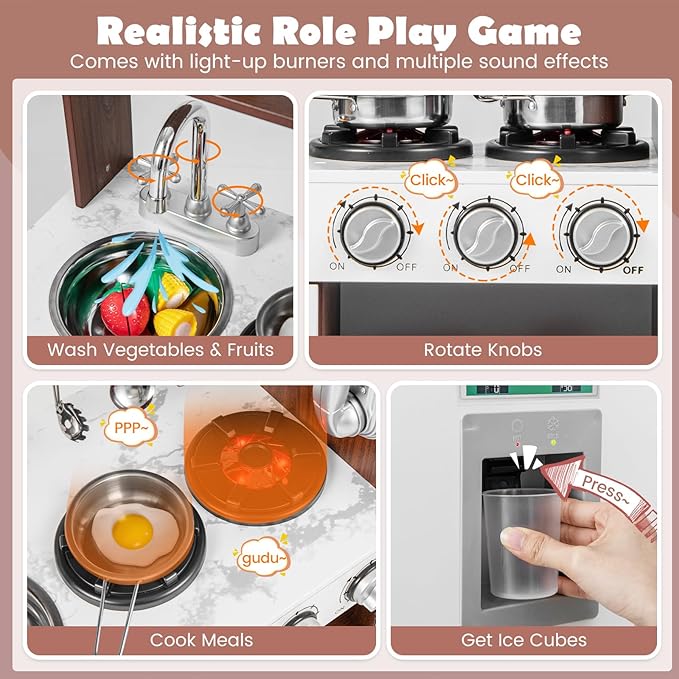 Costzon Kitchen Playset for Kids, Wooden Pretend Cooking Kitchen w/Utensils, Oven, Cabinets, Faucet, Sink & Telephone, Toddlers Play Kitchen Set with Accessories, Gift for Age 3+ (Brown)
