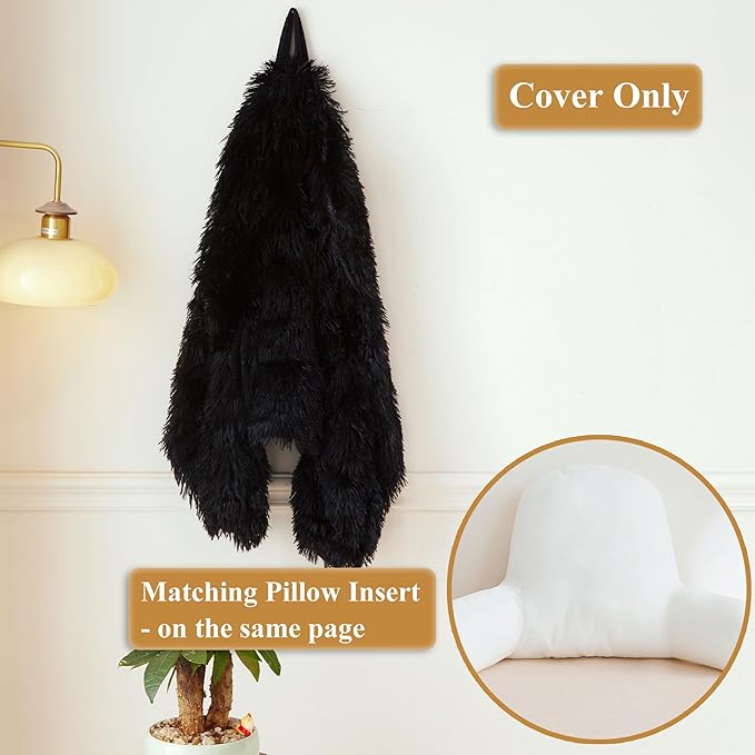 XeGe Faux Fur Reading Pillow Cover (No Filler), Fluffy Backrest Pillow Case for Sitting in Bed, Adults Kids Shaggy Sit Up Back Support Study Pillow Cover for Couch Chair Home Decoration, Black