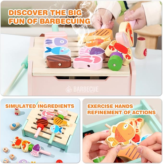 Wooden Grill Playset for Kids 3 Years Old,Children BBQ Grill Playset,2023 New Upgrade Play Kitchen Toy Grill-Pink