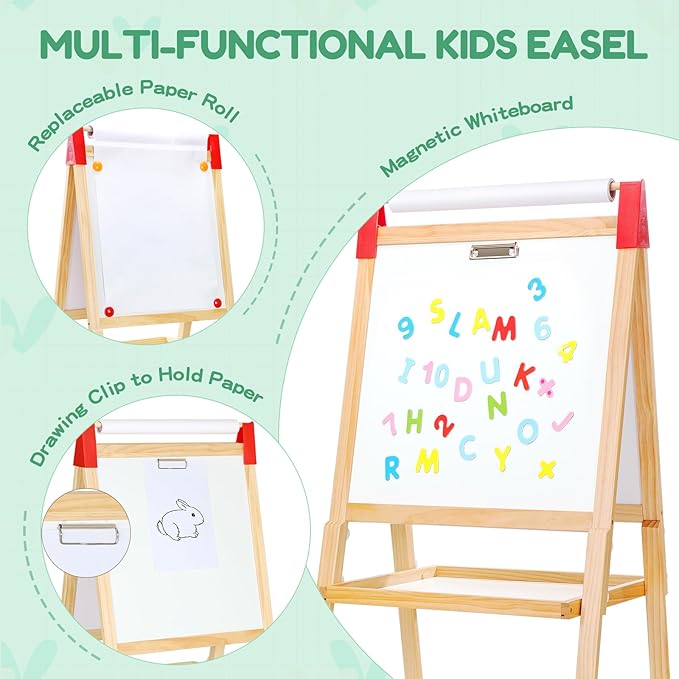 Art Easel for Kids-LCD Writing Tablet, Adjustable Standing Easels w/Magnetic Whiteboard & Paper Roll, Dry Erase Easel with Drawing Accessories, Double-Sided Easel for Kid Toddler 2-4 4-8 8-12