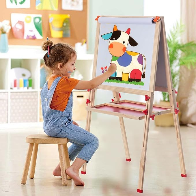 Wooden Adjustable Easel for Kids,Quick-Fold Kids Easel with Paper Roll&Accessories, Double Sided Painting Easel for Toddlers 3,4,5,6,7,8,9,10 Years,Perfect Painting Gifts&Supplies for Boys&Girls