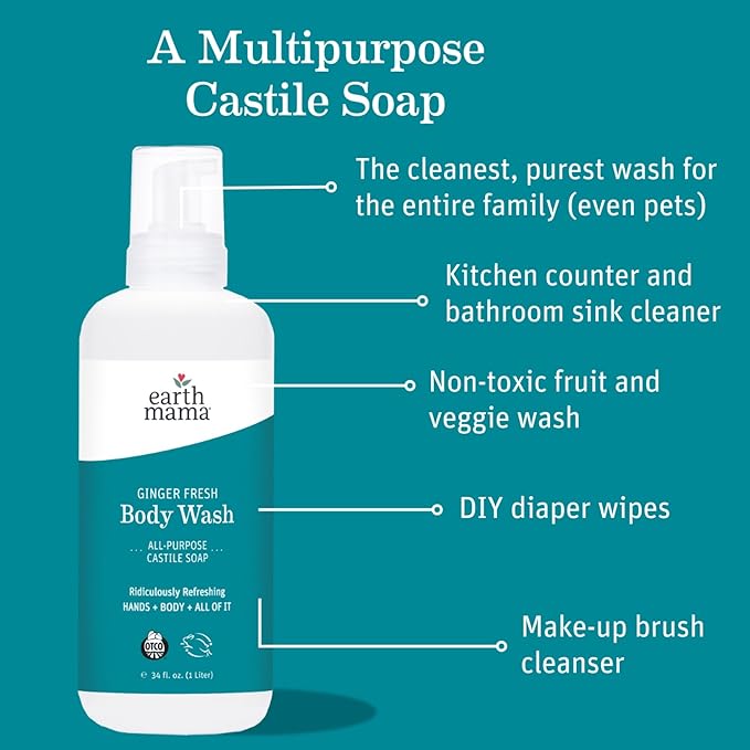 Earth Mama Ginger Fresh Foaming Hand Soap and All Purpose Body Wash for Sensitive Skin, Liquid Castile Soap with Organic Coconut Oil 34-Fluid Ounce