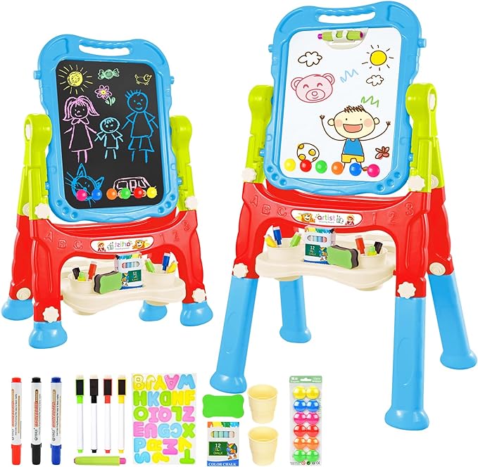 Amagoing Easel for Kids, Adjustable Standing Art Easel for Toddler, Double Magnetic Drawing Board with Painting Accessories, Gift for Little Boys and Girls Age 3 4 5, Blue