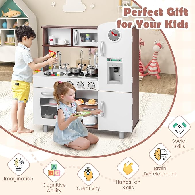 Costzon Kitchen Playset for Kids, Wooden Pretend Cooking Kitchen w/Utensils, Oven, Cabinets, Faucet, Sink & Telephone, Toddlers Play Kitchen Set with Accessories, Gift for Age 3+ (Brown)