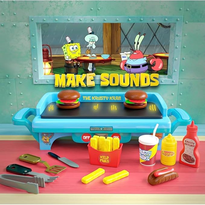 SpongeBob SquarePants Krusty Krab Toy Grill for Kids Lights & Sounds Krabby Patty Burgers, Kelp Fries, Pretend Plastic BBQ Cooking Toys for Toddlers