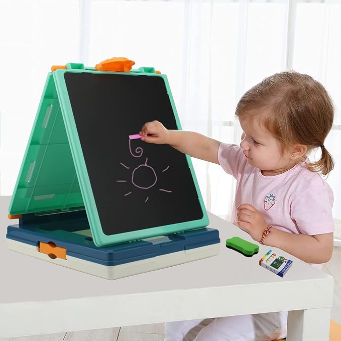 Table Art Easel for Kids, Double Sided Foldable Tabletop Drawing Easels Chalkboard Desk with Graffiti and Board Game Accessories Supplies for Boys and Girls (Blue)