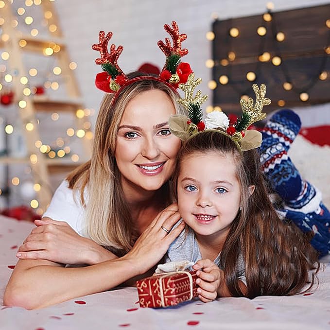 Reindeer Antlers Headband - 2Pcs Gold Red Sequins Reindeer Ears
