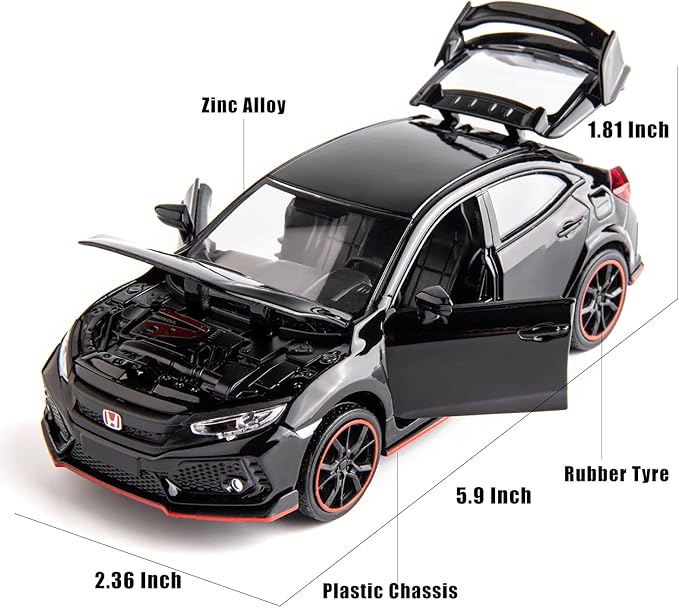 Compatible for 1:32 Diecasting Alloy Honda Civic Type-R Car Model Toy Car,Pull Back Alloy Car with Lights and Sound, Open Door for Kids Gift