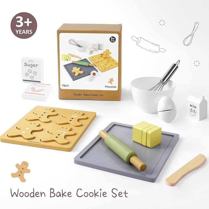 Wooden Toy Biscuits Baking Set,Pretend Play Food Sets for Kids Kitchen,Wooden Gingerbread Cookies Play Food Set,Play Kitchen Accessories for Toddlers Boys Girls Ages 3+