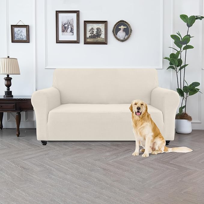 100% Waterproof Jacquard Fabric Couch Cover, Dual Layer with TPU Film, Leakproof High Elasticity Non-Slip Washable Furniture Protector for Pets, Dogs, Cats and Kids (Loveseat,Beige)