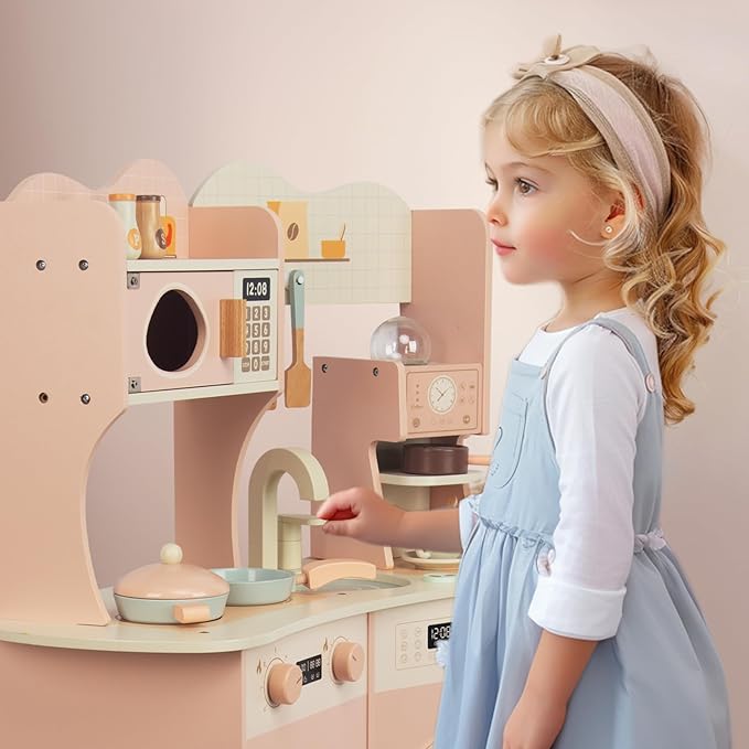 Wooden Kitchen Playset for Kids Ages 3-8, Pretend Play Kitchen for Toddlers with Realistic Design, Cooking Accessories, Coffee Maker, Oven, Microwave, Sink - Large