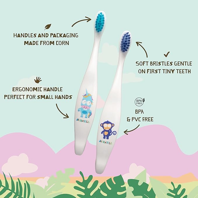 Jack N' Jill Kids Toothbrush - Extra Soft Bristle Toothbrush for Kids, Handle & Packaging Made from Plants (Corn), Ergonomic Handle for Little Hands - Dino Baby, Toddler, & Kids Toothbrush (1 Pack)