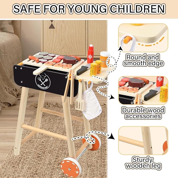 Wooden Play Barbecue Toy Grill, Kids BBQ Grill Playset with Play Food and Grilling Tools, Kids Cooking Sets, Outdoor Play Kitchen Set Kids, Pretend Play Kitchen Accessories Toddlers Age 3+