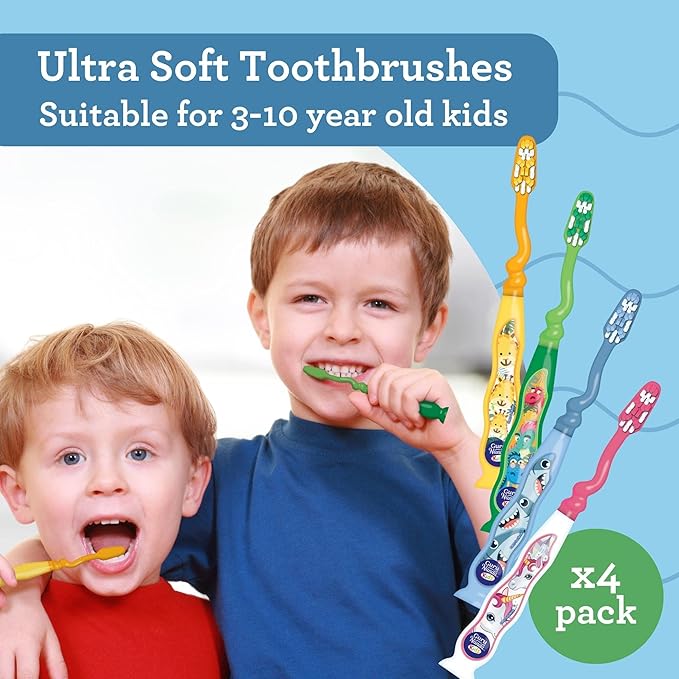 GuruNanda Kids Toothbrush with Suction Cup & Fun Animal Designs - Soft Bristles for Healthy Gums- Non-Slippery & Mess-Free Toothbrush, 3+ Age- 4 Count (Pack of 2)