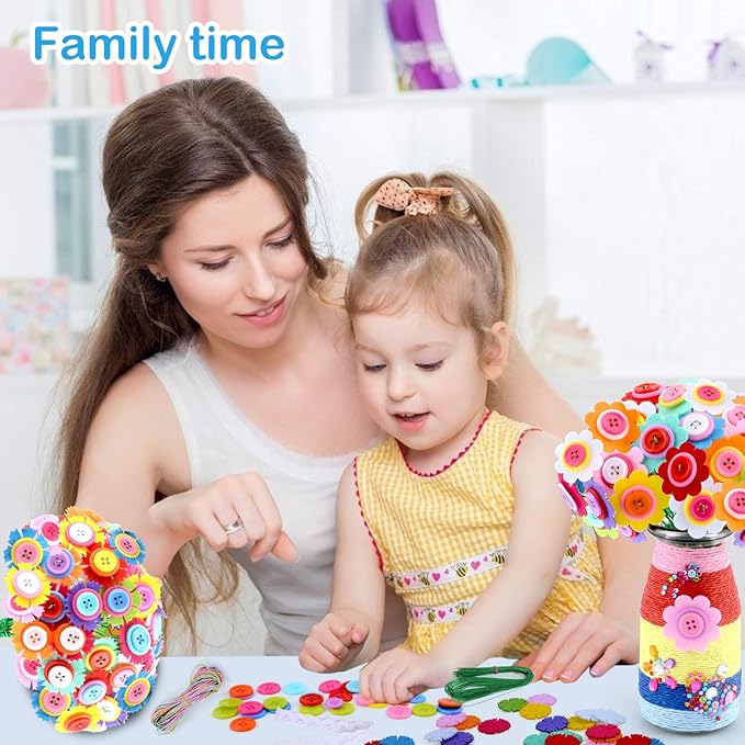 Crafts for Girls Ages 4-12 Gift Make Your Own Flower Bouquet with Buttons Felt Flowers, Valentines Day Gifts Vase Art and Craft for Kids- DIY Activity for Boys & Girls Age 6 7 8 9 10 11 12 Year Old