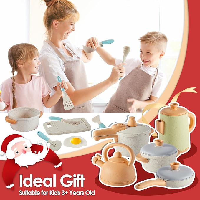 BUYGER Pretend Play Kitchen Accessories Toys Set, Cookware Pots and Pans Cooking Utensils Playset Gifts for 3 4 5 Years Old Kids Girls Boys Toddler