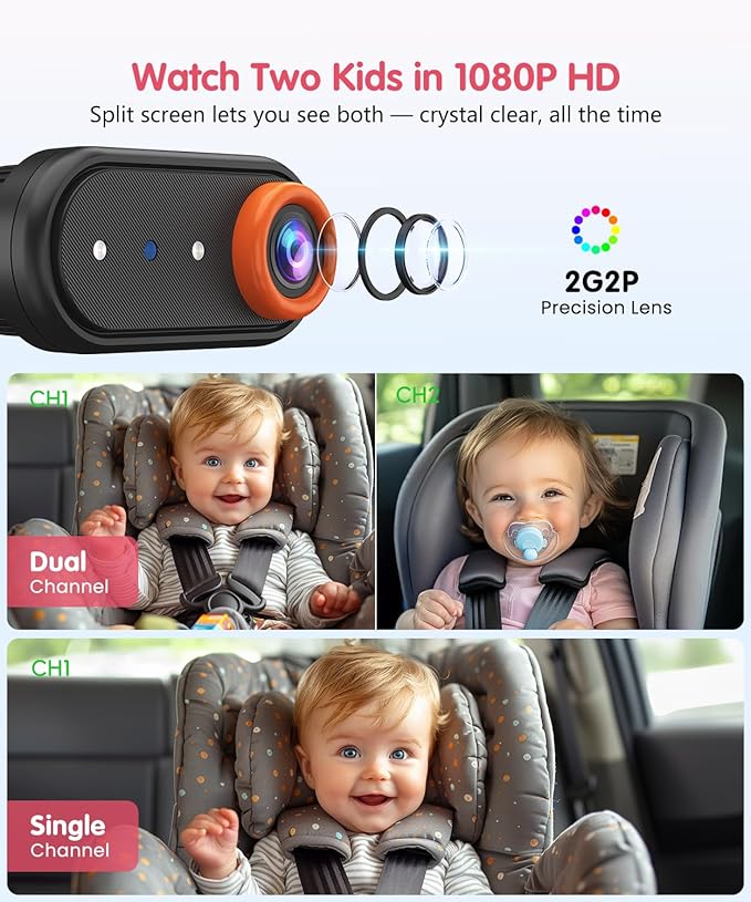 Baby Car Camera โ Dual 1080P Rear-Facing Monitor for 2 Kids with 5.2" HD Display, Night Vision, Easy Install & Anti-Shake Mount for Car Seat View