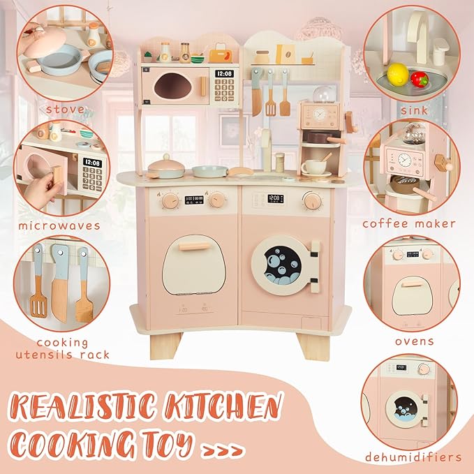 Wooden Kitchen Playset for Kids Ages 3-8, Pretend Play Kitchen for Toddlers with Realistic Design, Cooking Accessories, Coffee Maker, Oven, Microwave, Sink - Large