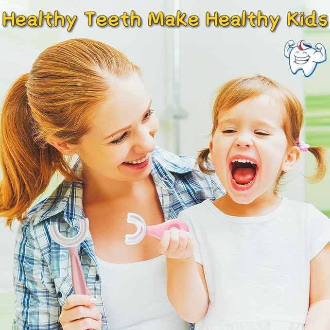YOTEE U-Shaped Toothbrush Kids 2 PCS - Toddler Toothbrush with Food Grade Soft Silicone Brush Head, Manual Whole Mouth Toothbrush for Kids Age 6-12(Blue+Pink), 360° Oral Teeth Cleaning