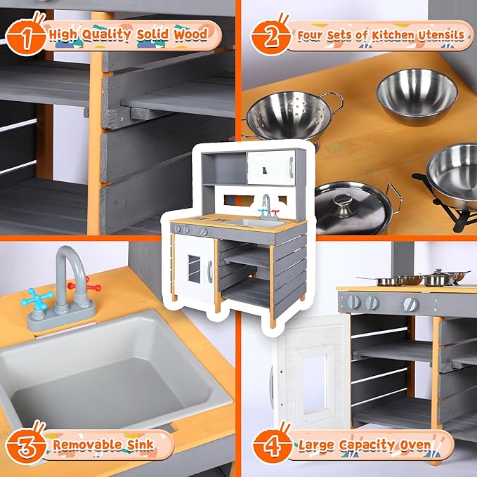 Wooden Mud Kitchen, Outdoor Play Kitchen with Removable Sink,Water Box & Faucet,Stove Top, Storage Bags& Metal Basket,Kitchen Backyard Outdoor Pretend Kitchen for Kids