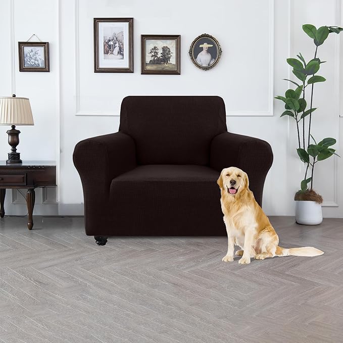 100% Waterproof Jacquard Fabric Couch Cover, Dual Layer with TPU Film, Leakproof High Elasticity Non-Slip Washable Furniture Protector for Pets, Dogs, Cats and Kids (Chair,Chocolate)