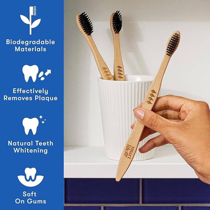 Bamboo Charcoal Toothbrushes (4 Pack) with Travel Case & Stand - Extra Soft Bristles for Adults & Kids Teeth | Zero Waste Travel Toothbrush Kit | Natural Eco-Friendly Wooden Brush Holder Cover