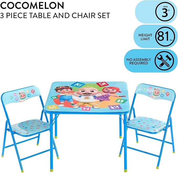 Idea Nuova Cocomelon 3 Piece Children's Activity Square Table and 2 Folding Chairs Set, Ages 3+