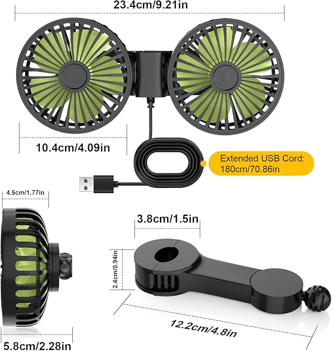 USB Car Cooling Fans for Backseat: Dual Head Car Fan for Kids 3 Speeds 360° Rotatable Vehicle Rear Headrest Fans 5V Powerful Electric Air Circulation Fan for Sedan SUV RV Truck (Black+Green)