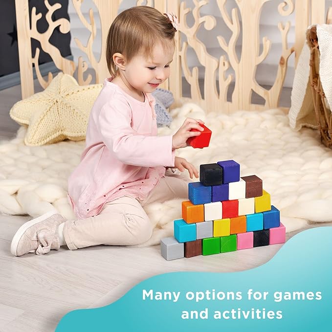 Ulanik Large Colored Cubes Toddler Montessori Toys for 3 Year Old + Kids Wooden Building Blocks Game for Learning Color Sorting and Counting β 25 pcs, 1.6 in