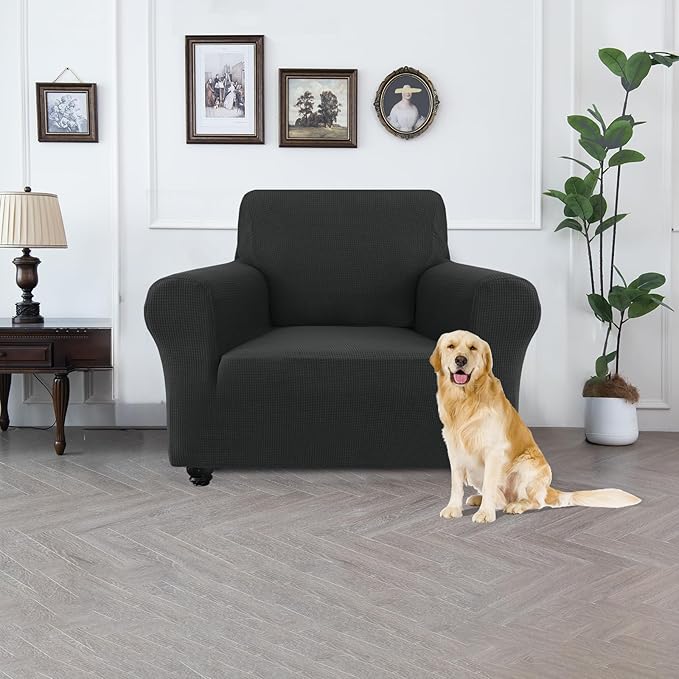 100% Waterproof Jacquard Fabric Couch Cover, Dual Layer with TPU Film, Leakproof High Elasticity Non-Slip Washable Furniture Protector for Pets, Dogs, Cats and Kids (Chair,Dark Gray)