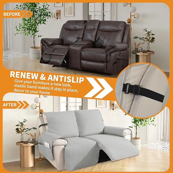 XINEAGE Water Resistant Recliner Cover, 2 seat Recliner Loveseat Covers with Pockets, Quilted Thick Recliner Protector Cover for Dog Pets with Non Slip Backing and Strap(Recliner Loveseat,Light Gray)