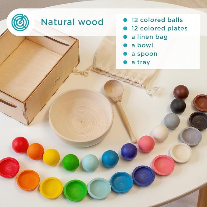 Ulanik Balls on Plates Toddler Montessori Toys for 1+ Year Old Kids Wooden Matching Game for Learning Color Sorting and Counting β 12 Balls, 1.18 in