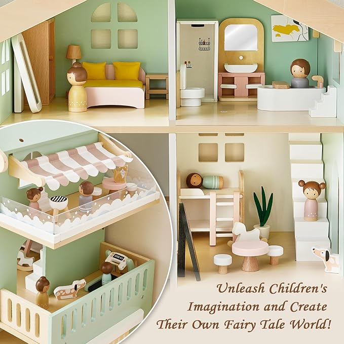 Wooden Dollhouse for Kids, Family Dollhouse with 53PCS Including Toy Figures, Furniture and Accessories, Ideal Gift for Kids Ages 3+