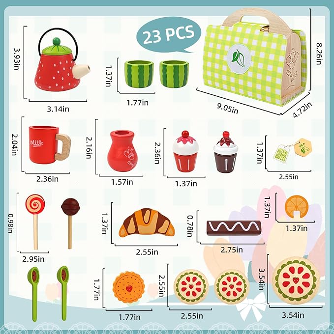 Wooden Tea Party Set for Little Girls with Handbag, Pretend Play Food Toys Kitchen Accessories Playset for Kids Toddlers 2 3 4 5