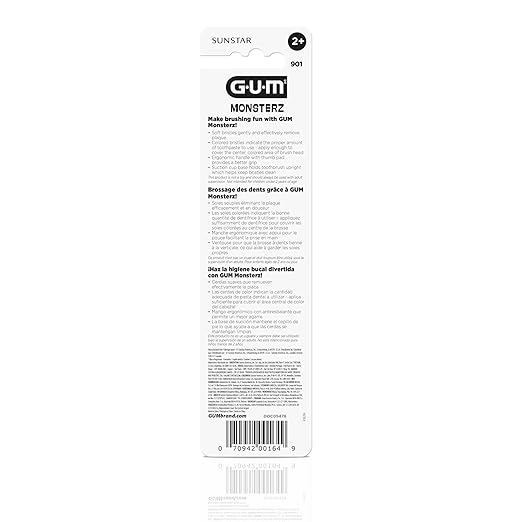 GUM Monsterz Children and Toddler Toothbrush, Soft Bristled Kids’ Toothbrush with Suction Cup, for Ages 2+, 2ct (6pk)