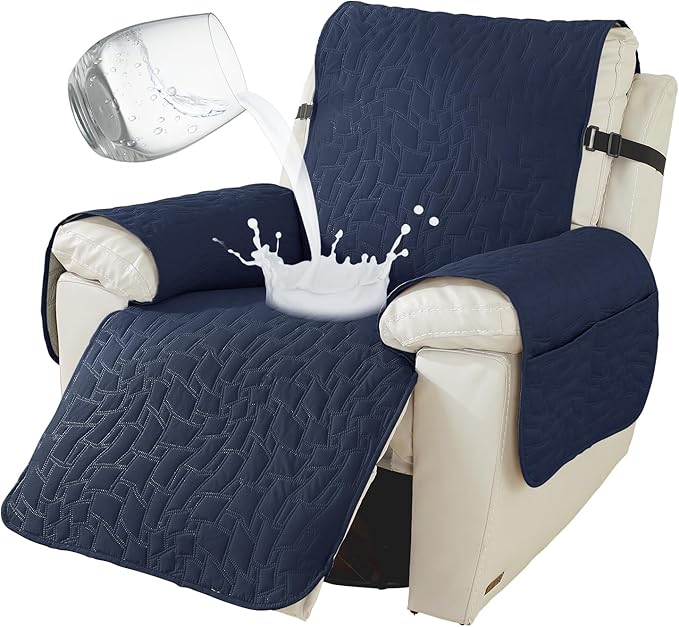 Recliner Covers That Stay in Place, 100% Waterproof Non-Slip Recliner Chair Covers with Pocket, Elastic Straps, Washable Reclining Chair Protector for Kids, Pets, Dog, Cat,Dark Blue,23IN