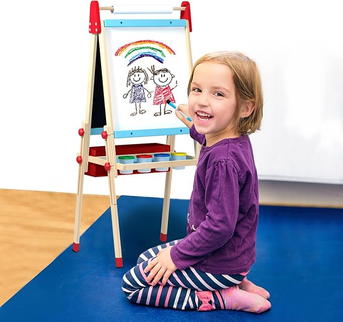 WOOD CITY Easel for Kids, Adjustable Standing Art Easel with Painting Accessories Wooden Chalkboard & Magnetic Whiteboard & Painting Paper Stand, Toddler Art Set Easel for Toddlers 2-12 Year Olds