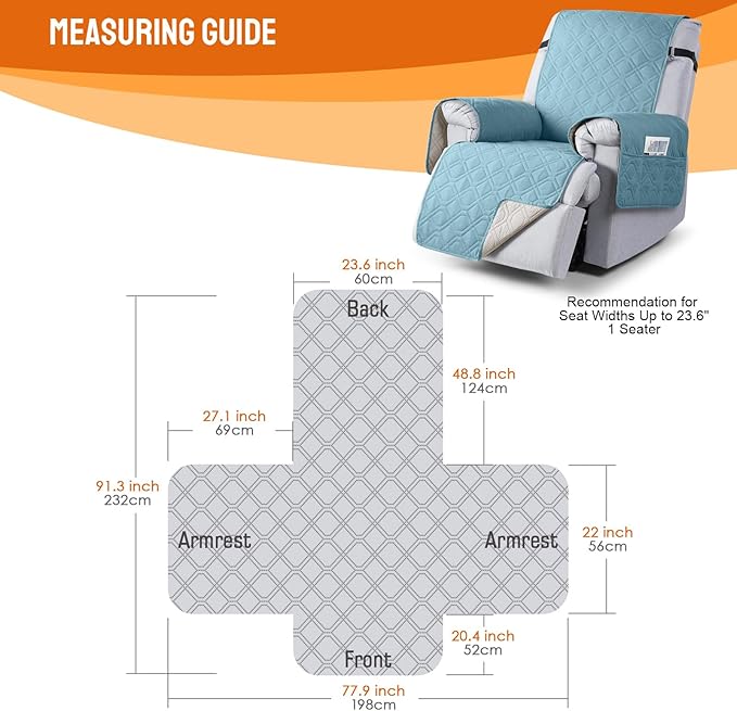 VANSOFY 100% Waterproof Recliner Chair Covers, Recliner Cover Non-Slip Dog Chair Cover Furniture Protector Washable Slipcover with Pocket, Elastic Straps for Pets, Dogs(Azuree, 23.6")