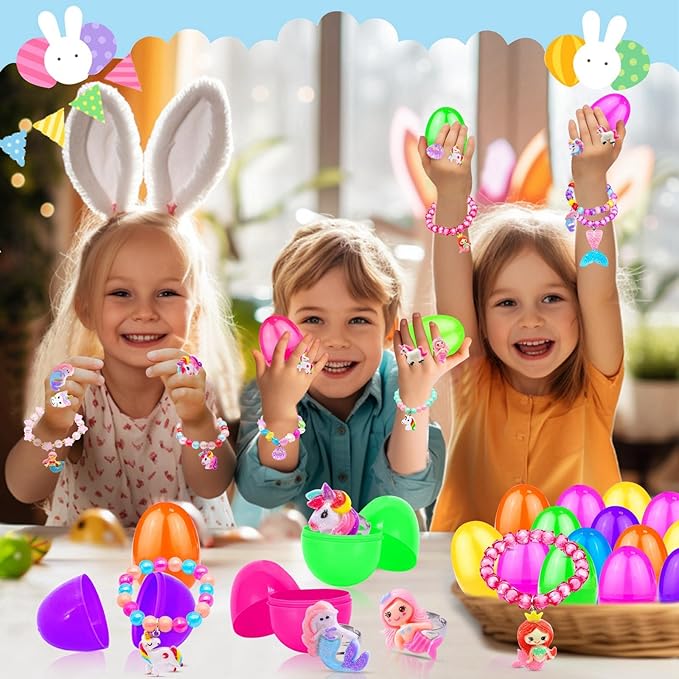 TURNMEON Easter Gifts Basket Stuffers for Girls Toddler Kids Include 12 Easter Eggs 12 Colorful Bead Bracelet and 12 Rings, Different Easter Toys Egg Filled Hunt Party Favors Classroom Prize Supplies