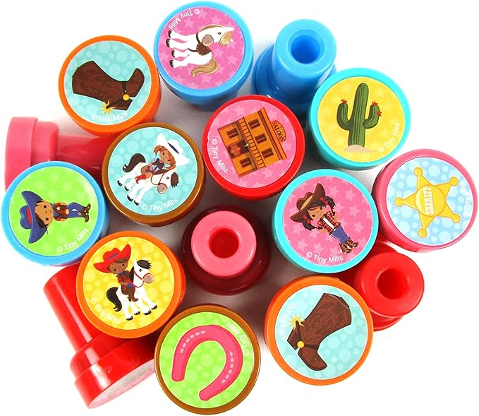 TINYMILLS 24 Pcs Western Black Cowboy Cowgirl Stampers for Kids Birthday Party Goody Bag Filler Pinata Filler